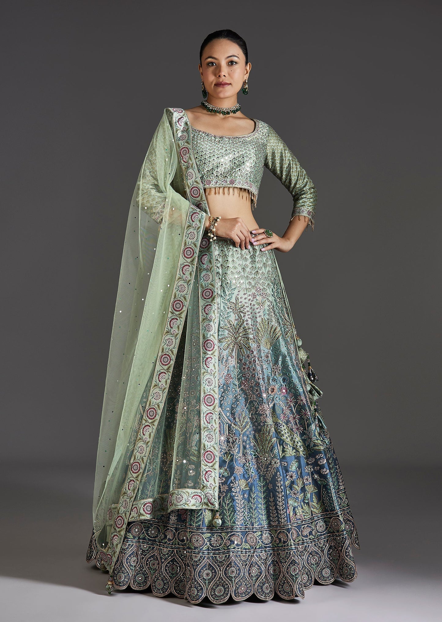 Green Ombre Lehenga With Gota Lace Finish
