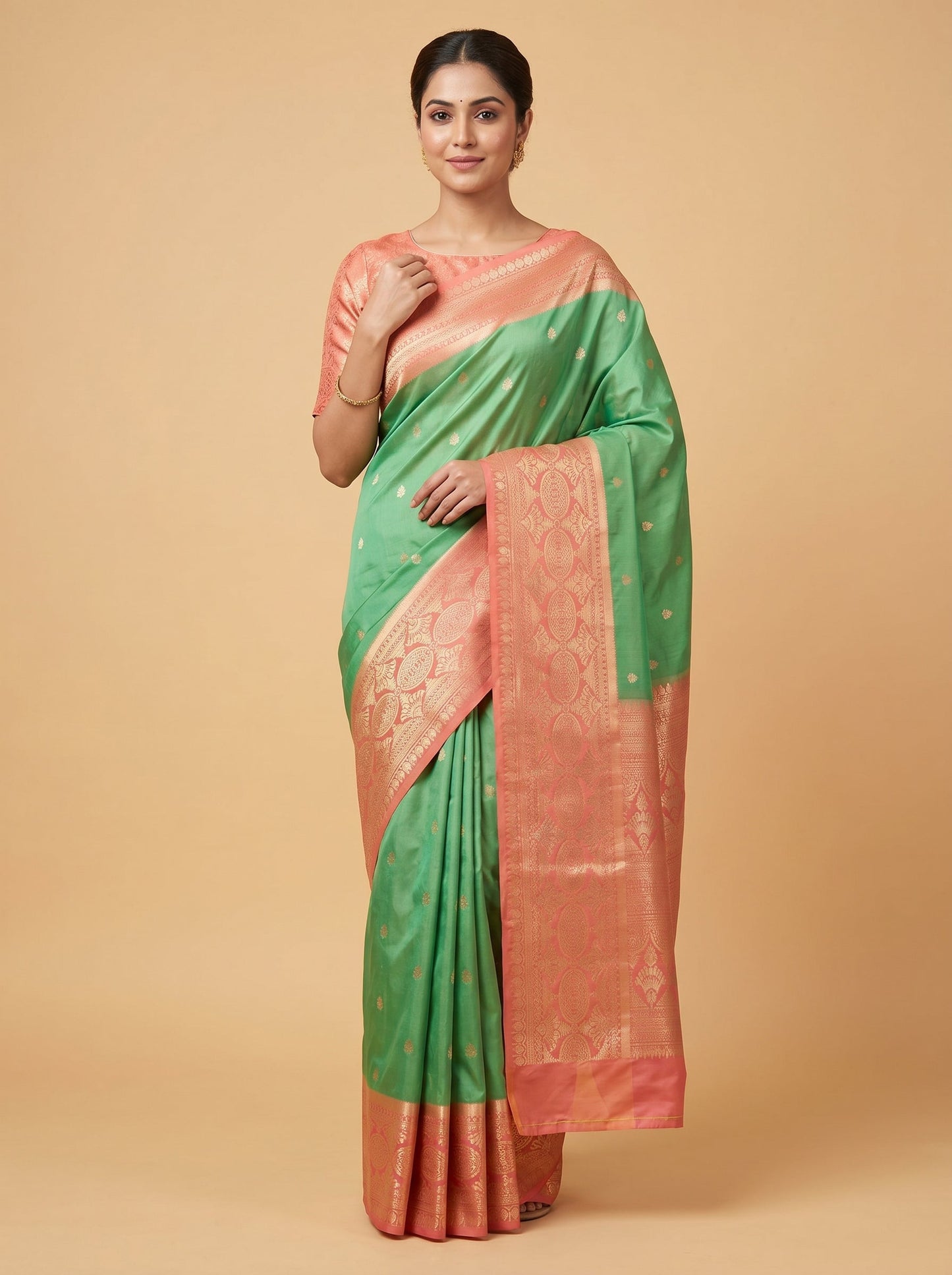 Green Orange Bright Fusion Handloom Saree