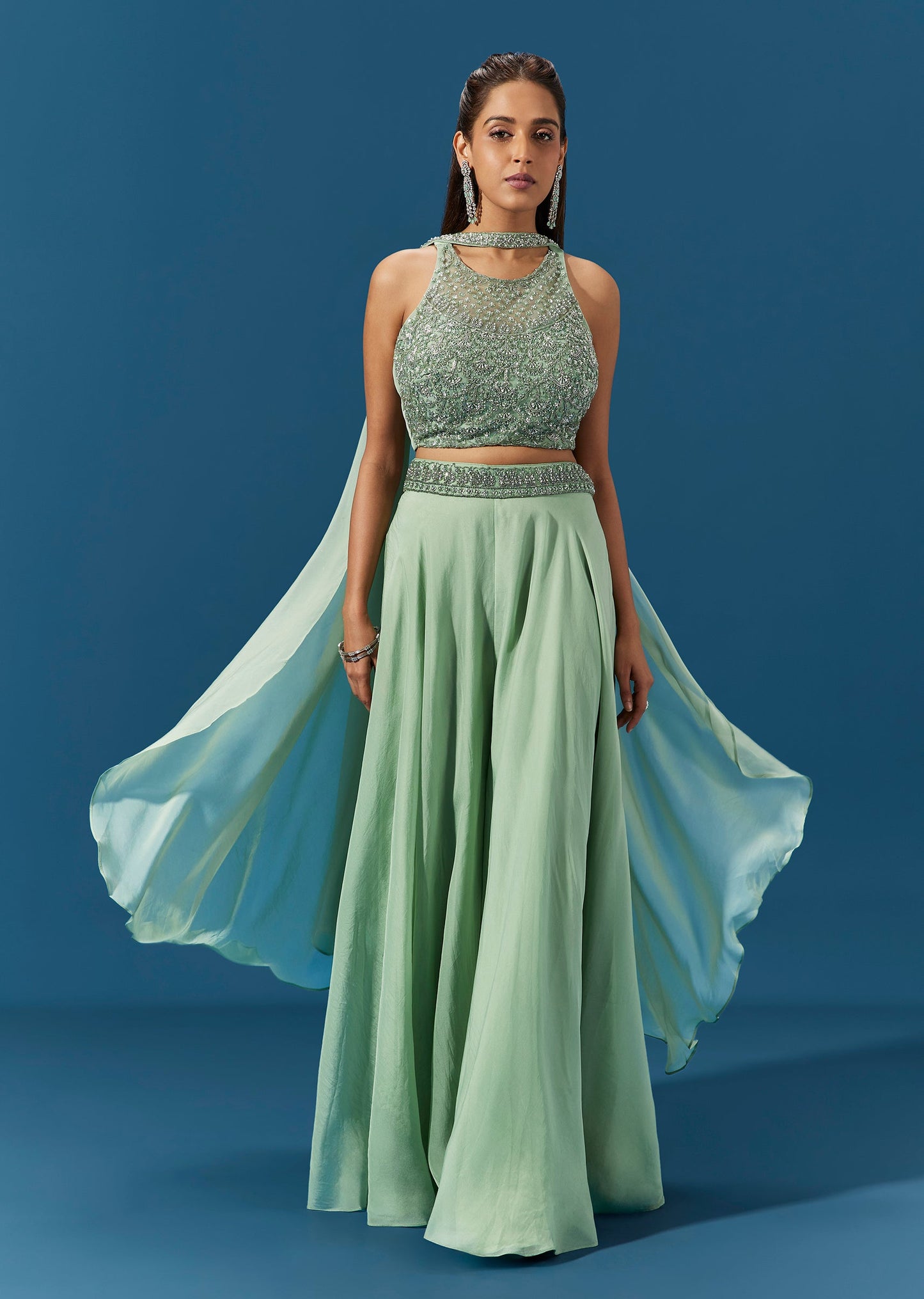 Green Organza Crop Top Palazzo Set With Cut Dana Sequin And Moti Embroidery
