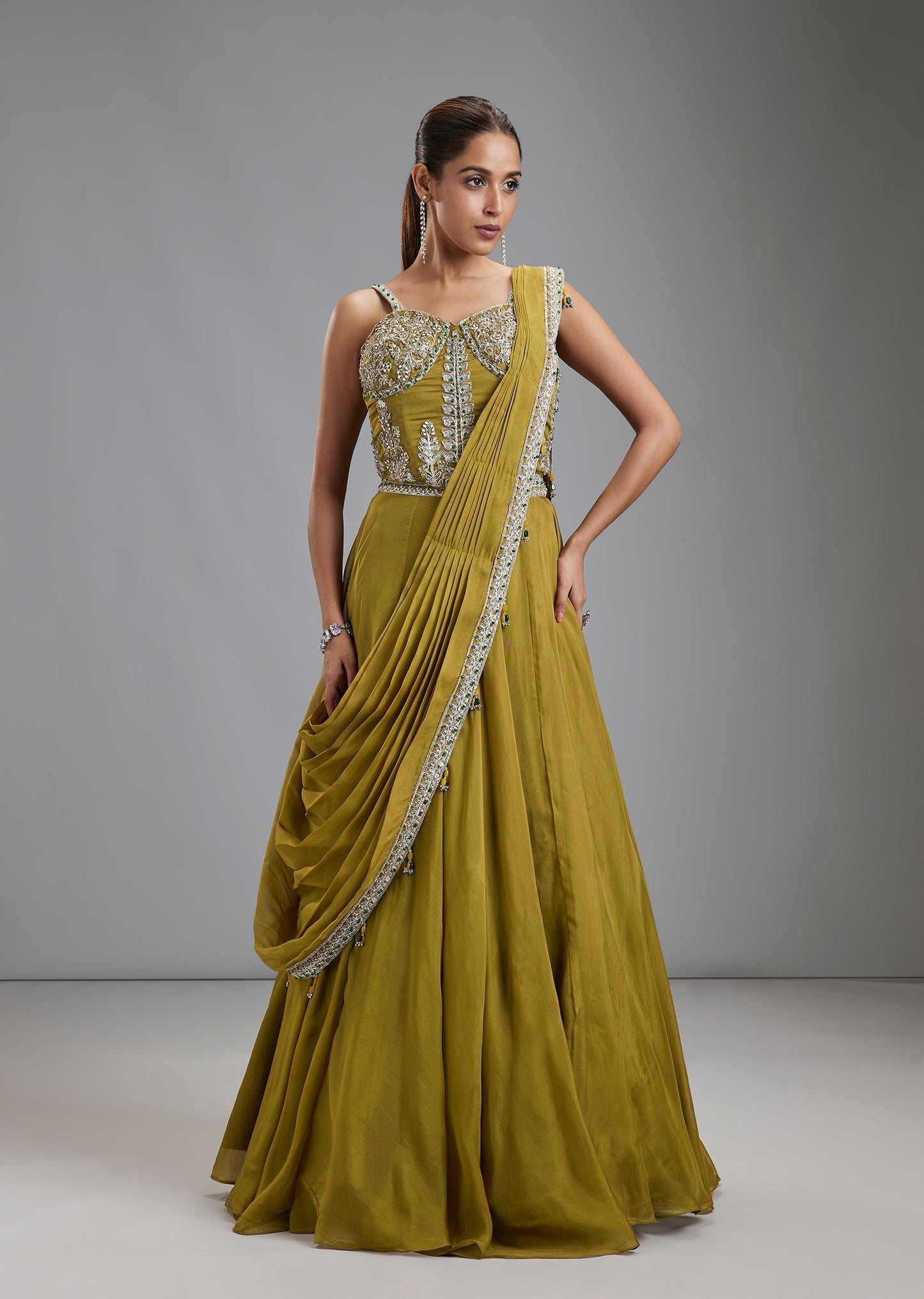 Green Organza Fusion Lehenga With Kundan Cut Dana Blouse And Attached Drape