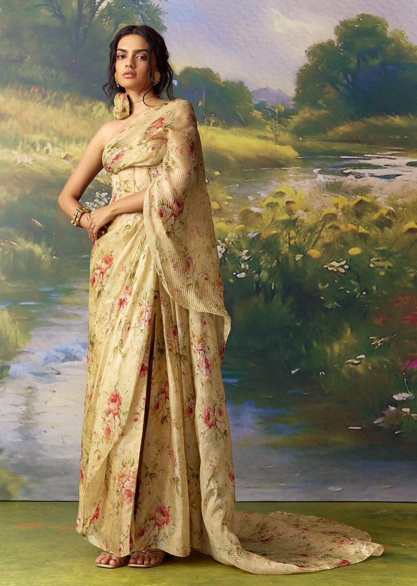 Green Organza Printed Draped Corset Saree