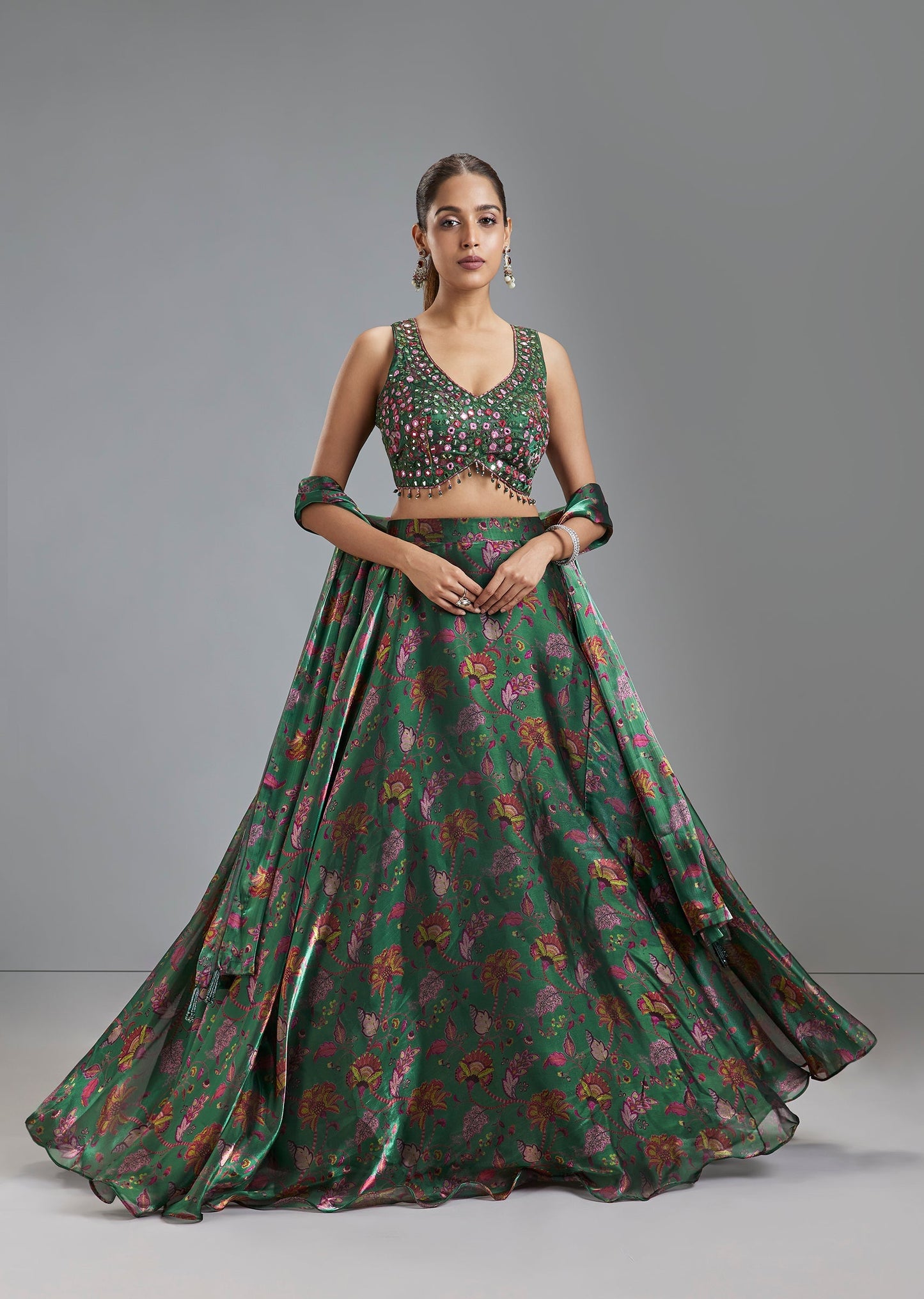 Green Organza Tissue Floral Lehenga With Mirror Work Choli