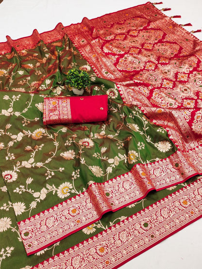 Mameraa Sarees Green Soft Silk Blend Saree With Zari Weaving Meenakari Design-Green