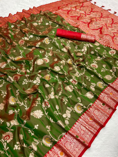 Mameraa Sarees Green Soft Silk Blend Saree With Zari Weaving Meenakari Design-Green