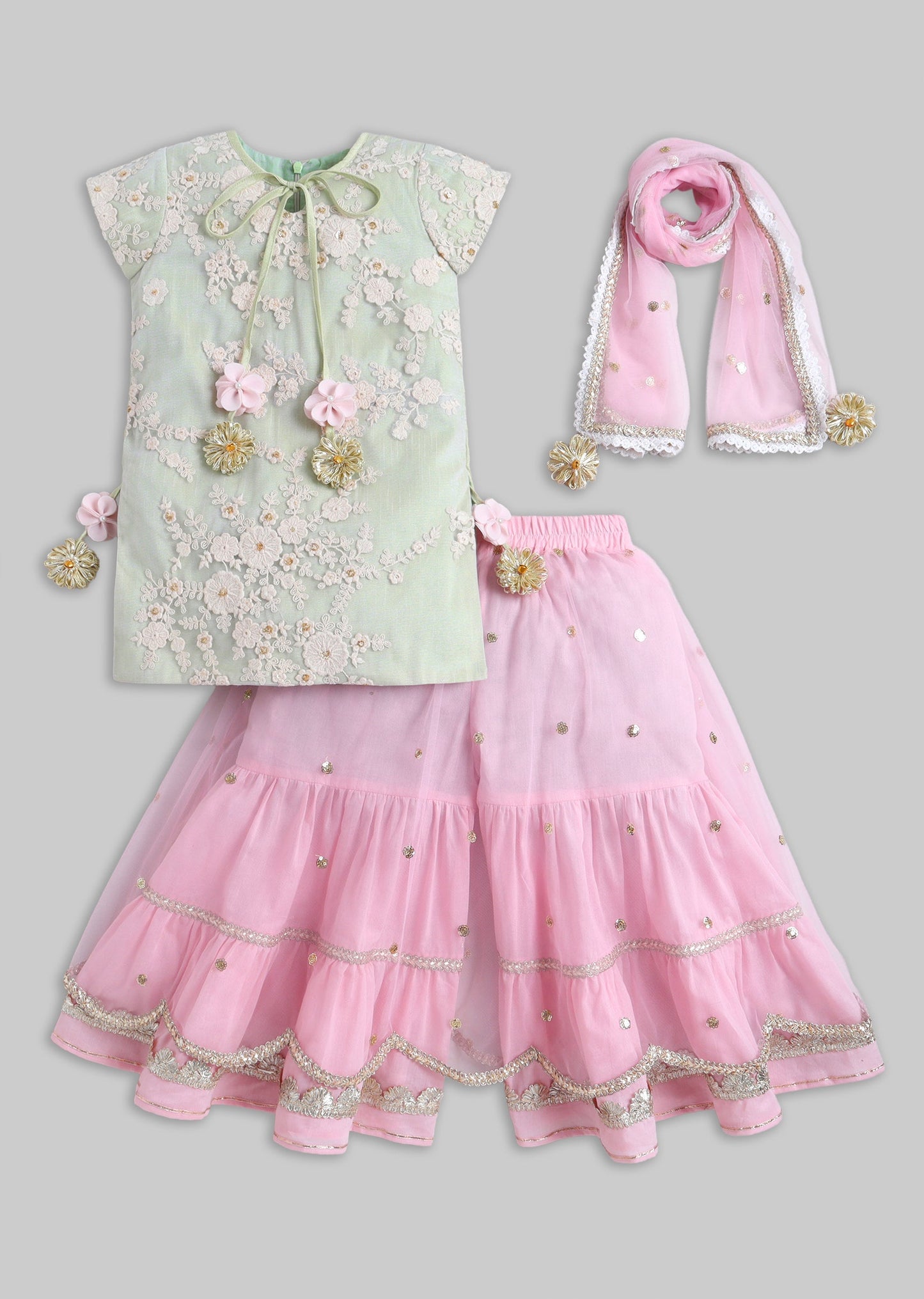 Green And Pink Colorblock Salwar Kameez Set with Dupatta