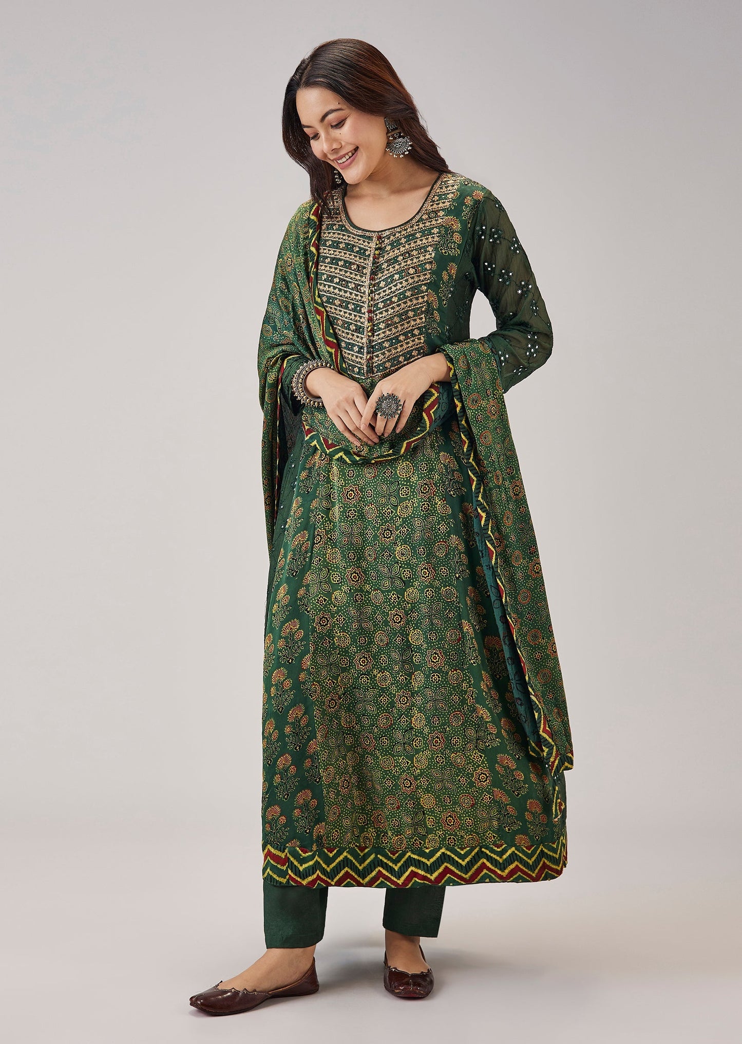 Green Hand Block Ajrakh Print Kurta Set With Zari Embroidered Yoke
