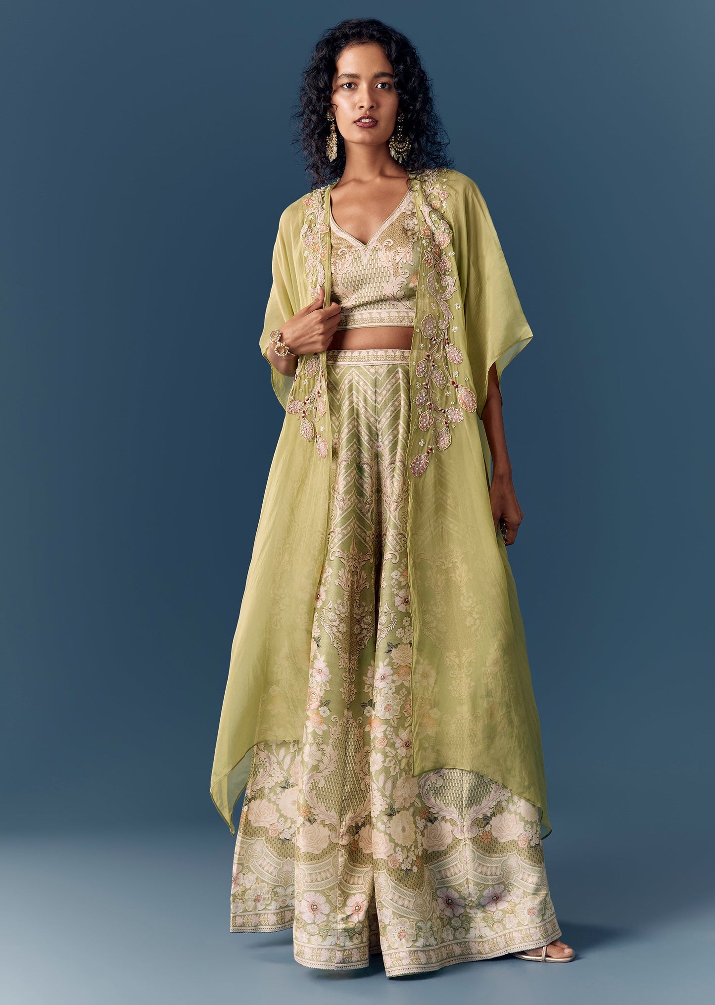 Green Printed Jacket Palazzo Set