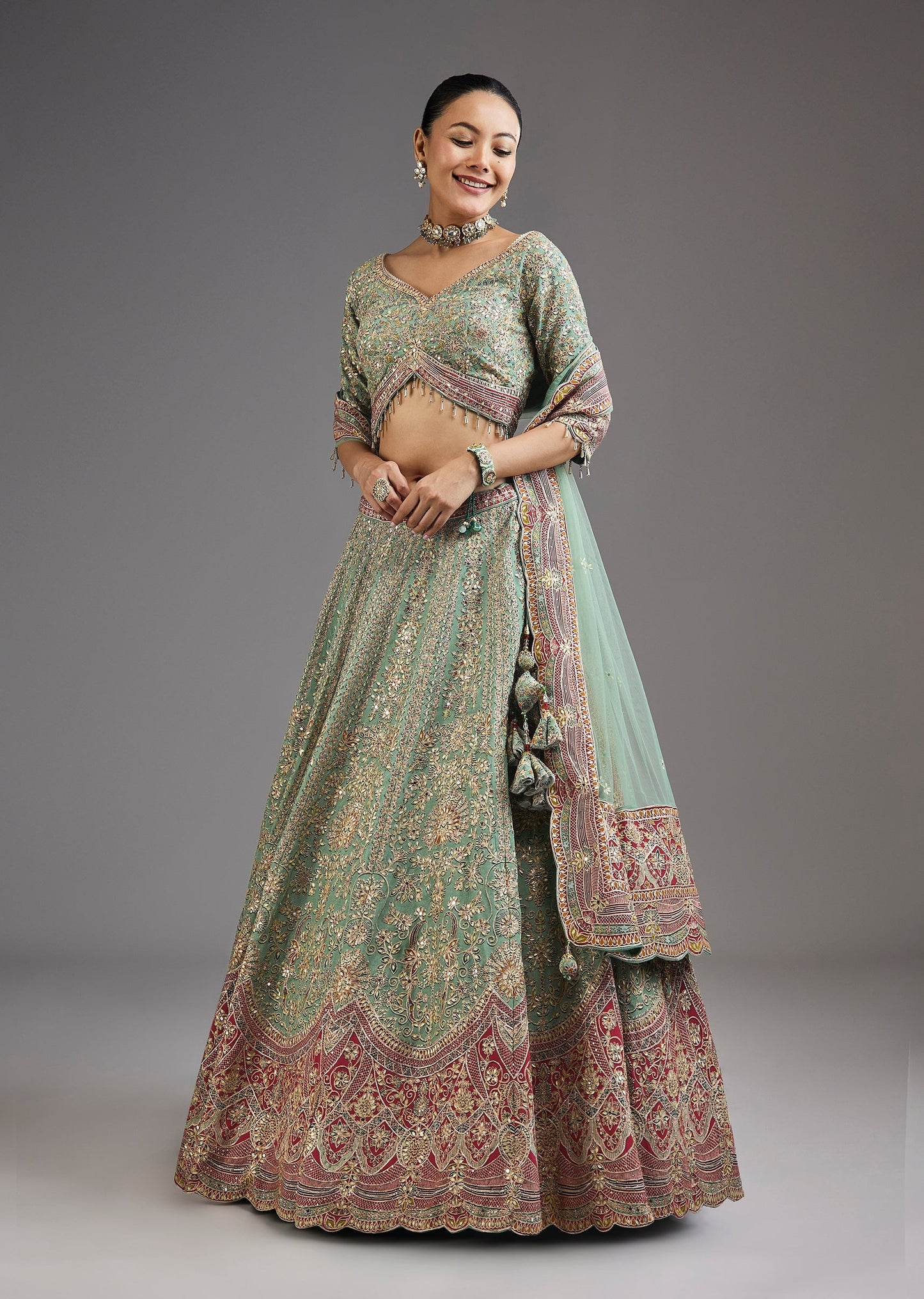 Green Printed Lehenga With Mirror Shine And Zari Detail