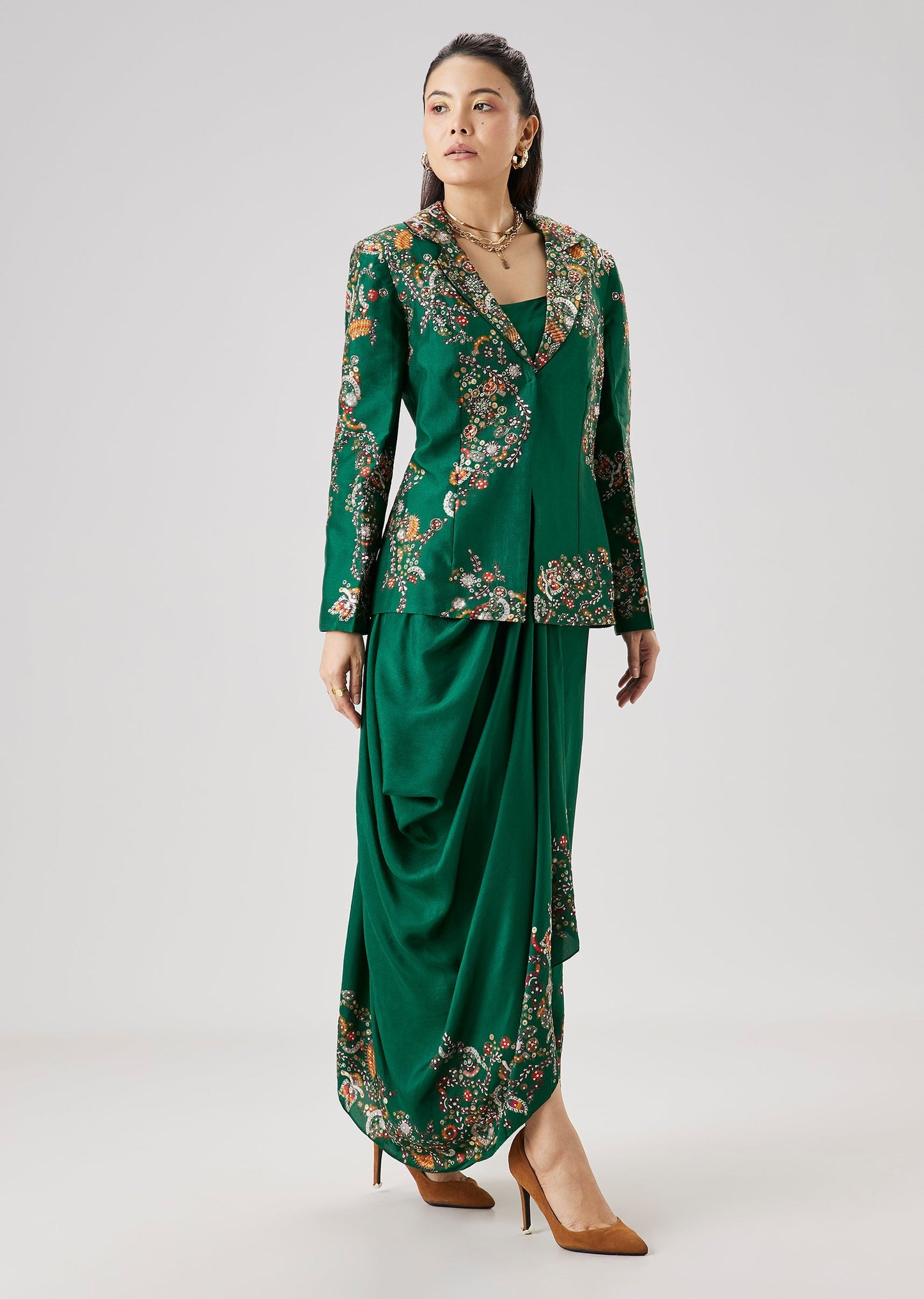 Green Printed Silk Crop Top And Skirt Set With Embellished Jacket