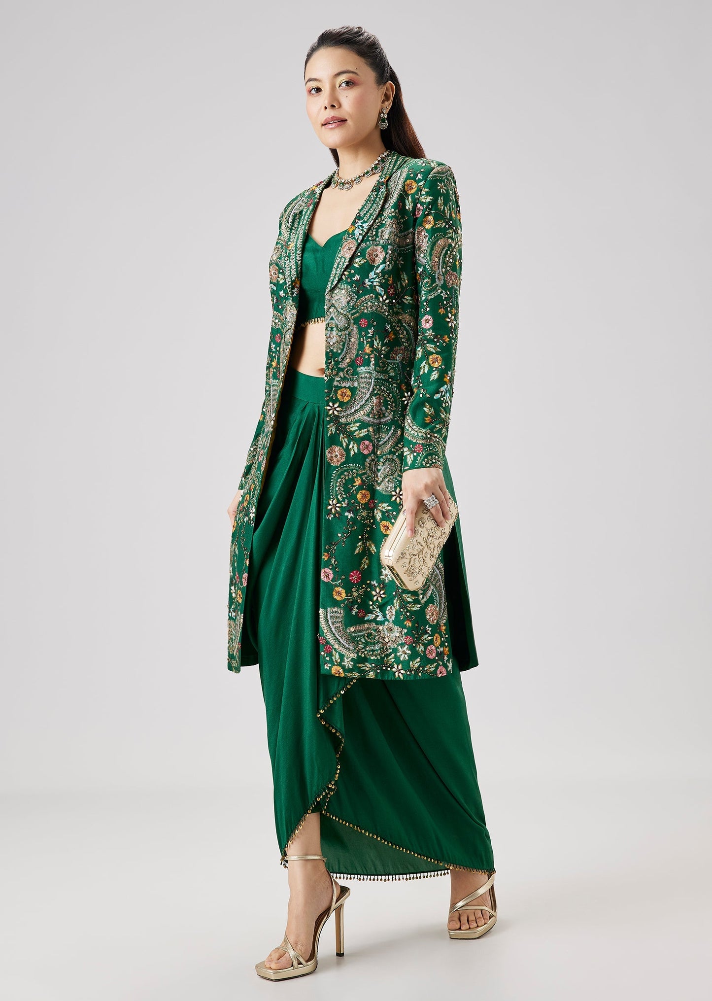 Green Silk Crop Top Skirt Set With Printed Embellished Jacket