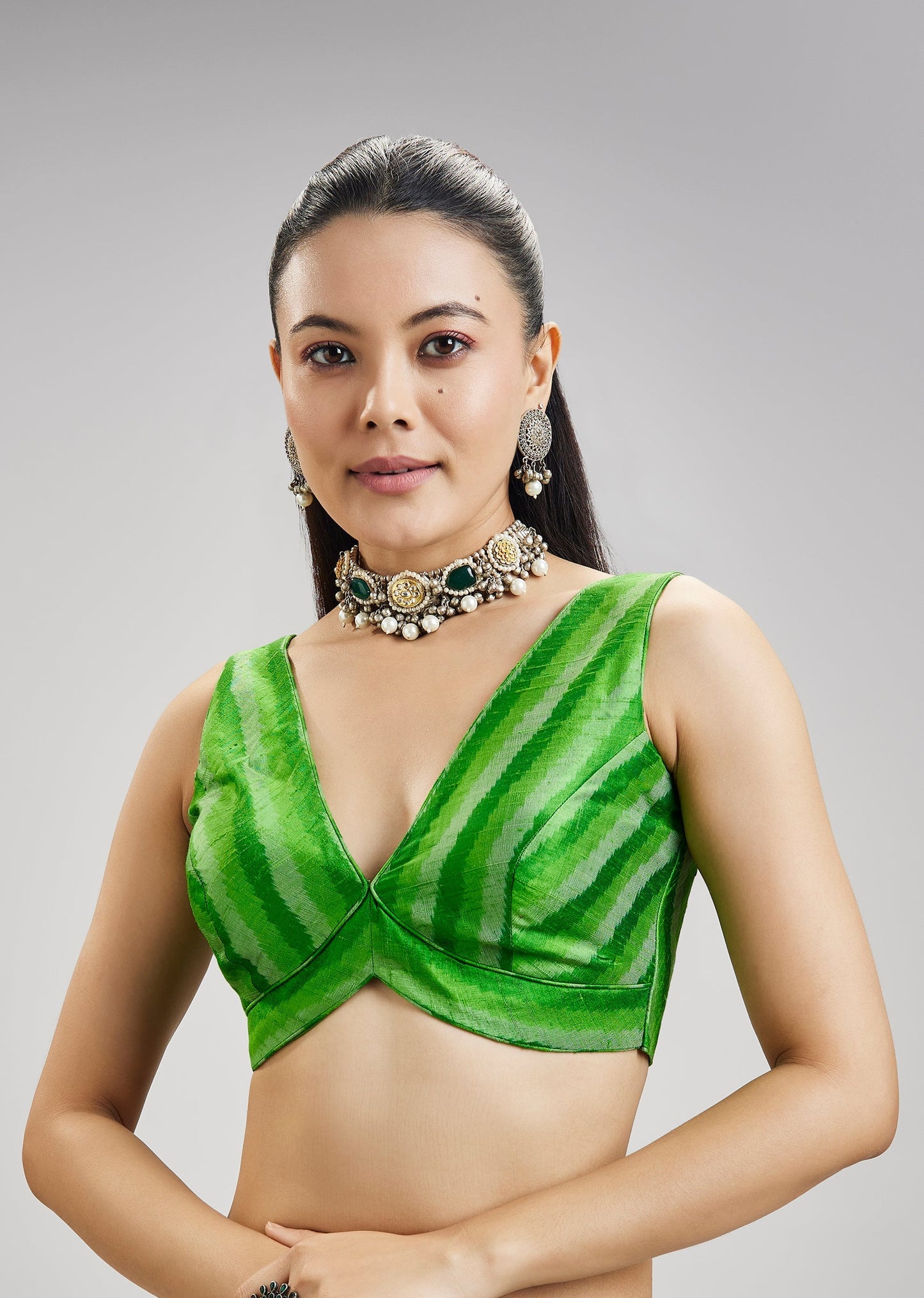 Green Pure Tussar Silk Ikat Potal Stitched Blouse