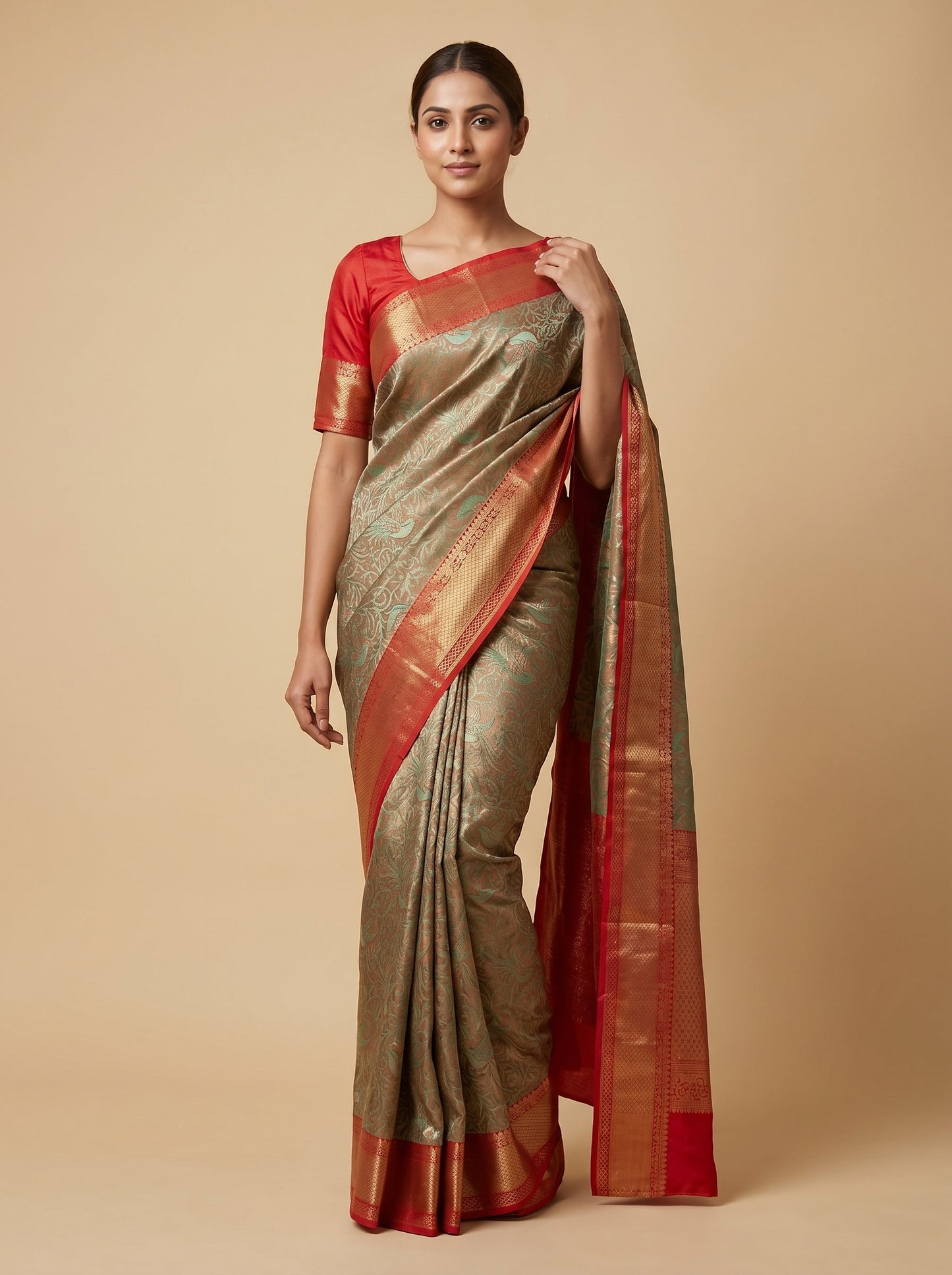 Green Red Fusion Handloom Saree