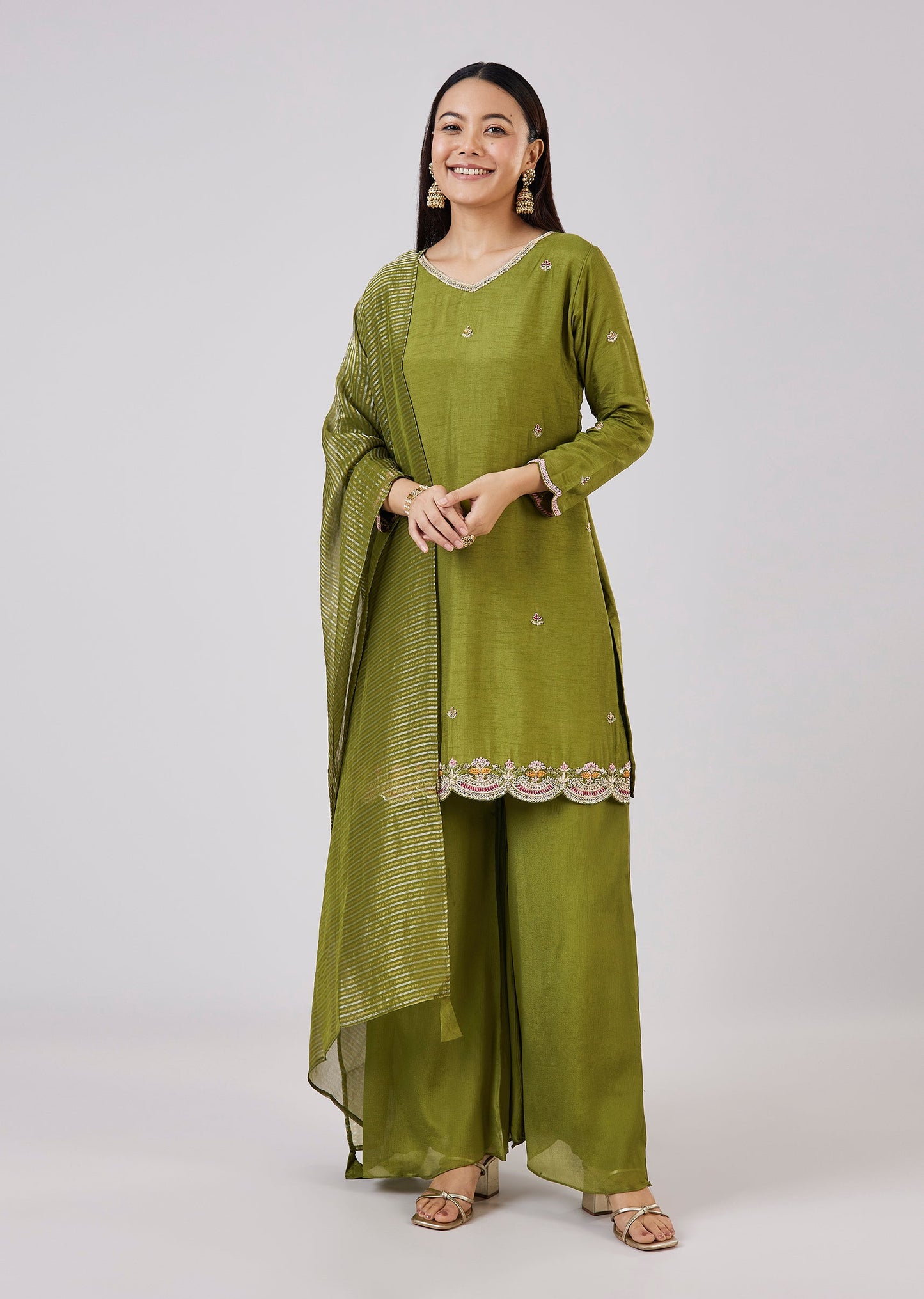 Green Silk Palazzo Set With Zari And Sequins Work