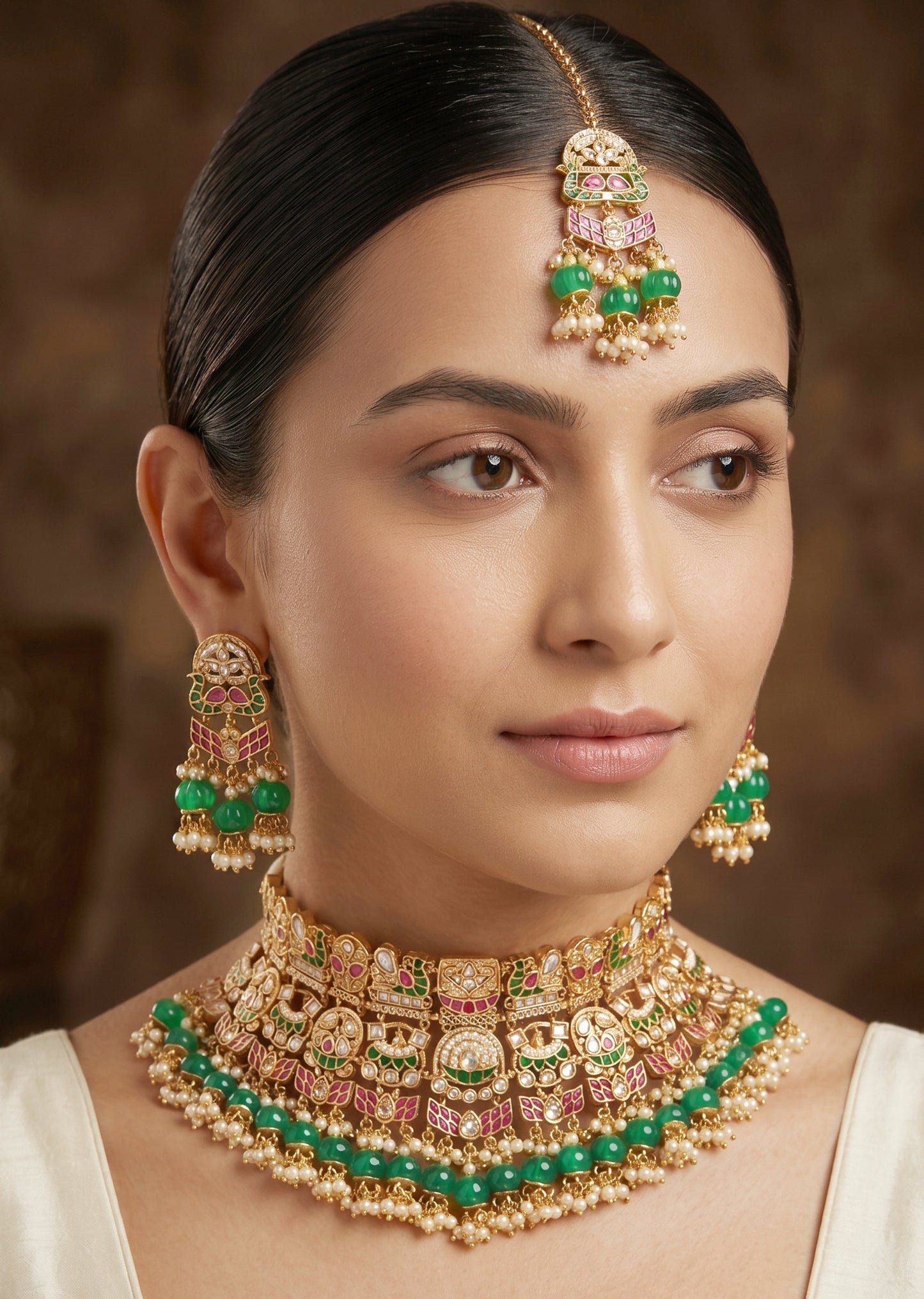 Green Stone And Pearl Bridal Kundan Choker Set
