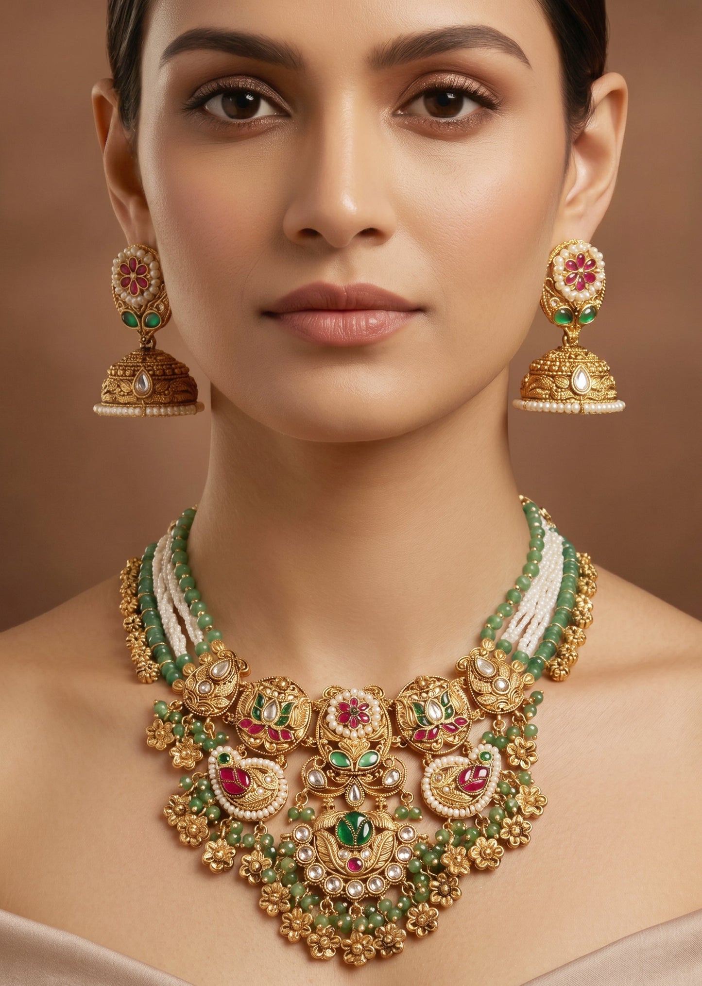 Green Stone And Pearl Bridal Kundan Necklace Set