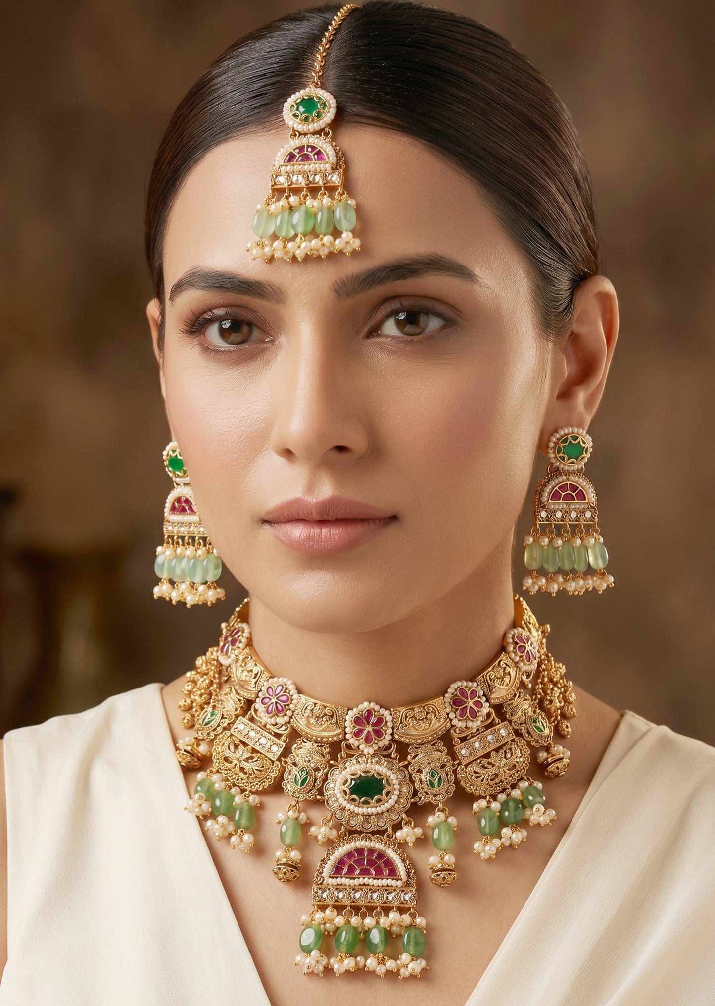 Multi Colour And Green Stone Kundan Necklace Set