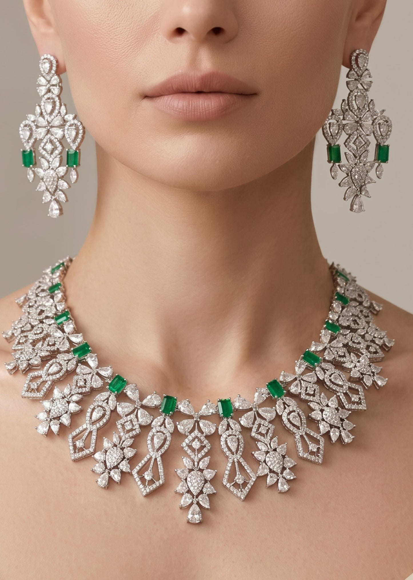 Green Stone Rhodium Necklace Set