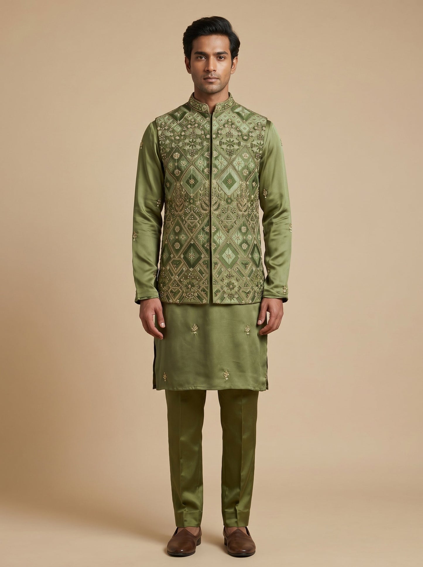 Green Traditional Jacket Kurta Set