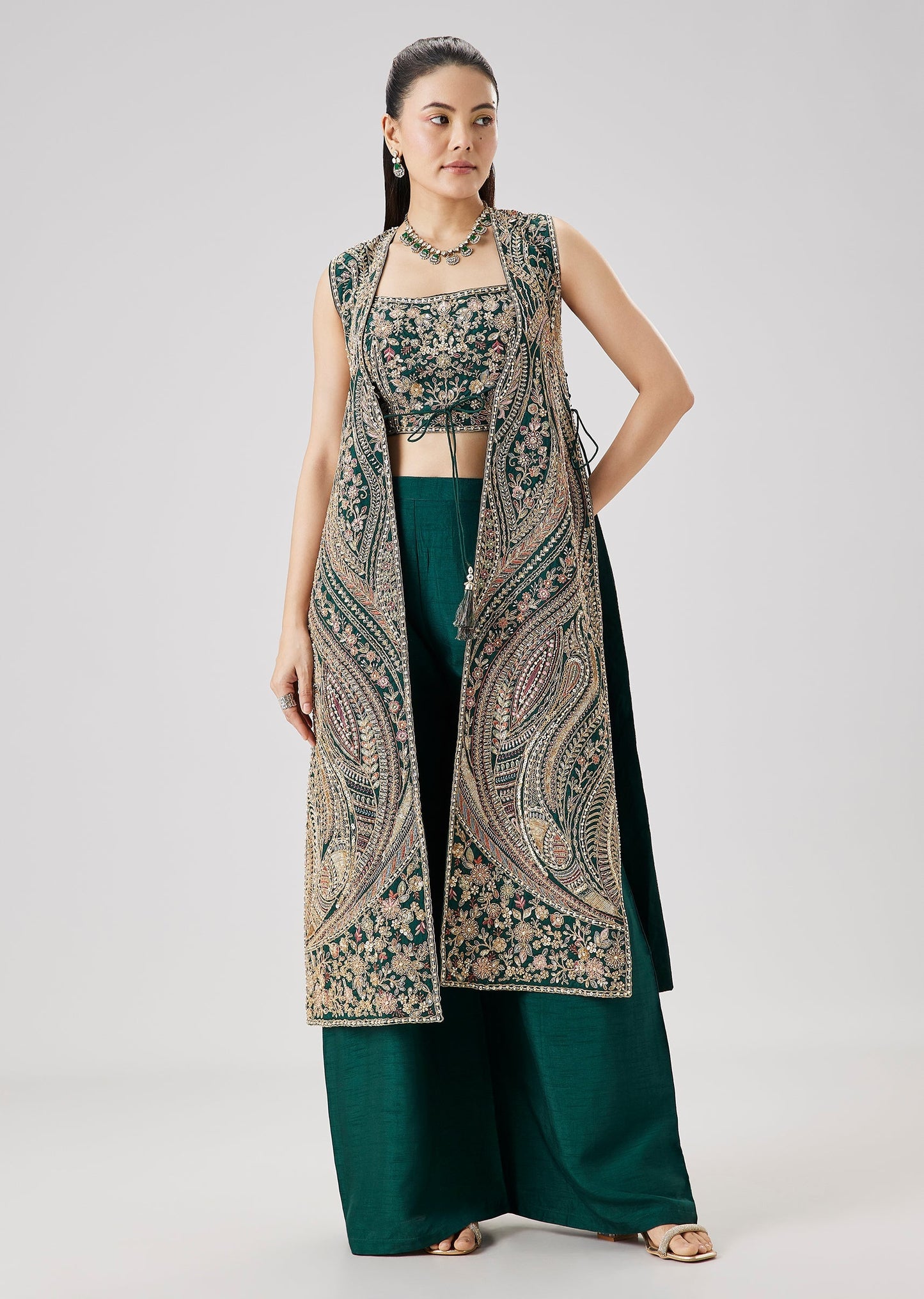 Green Zari And Resham Embroidered Crop Top Palazzo Set With Jacket