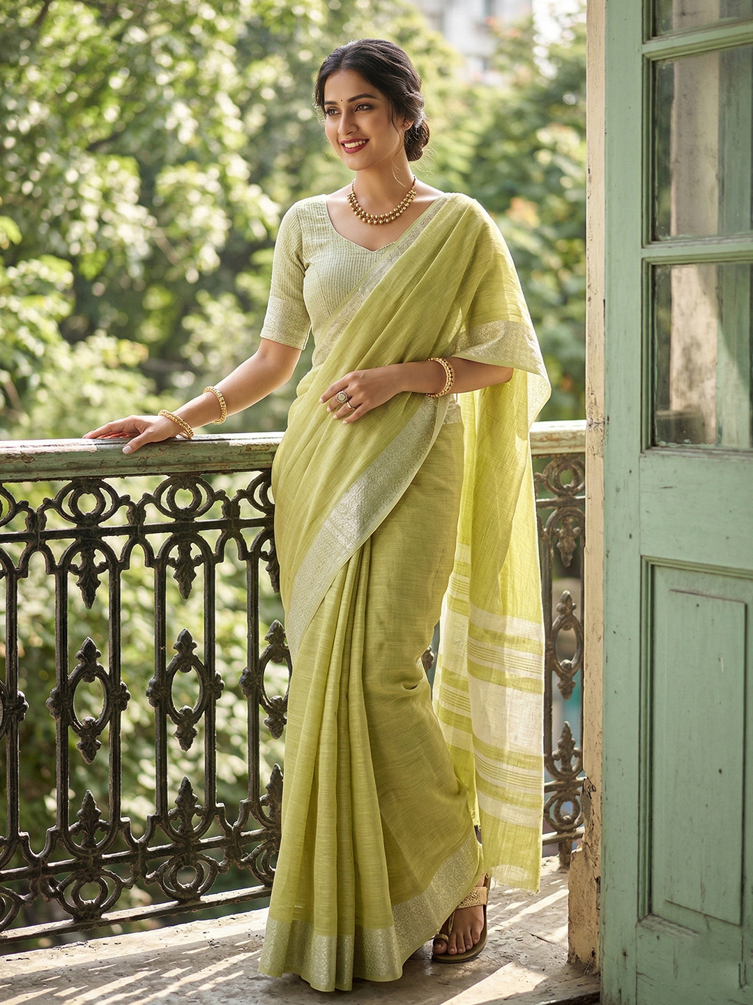 Anaita Green Linen Zari Work Saree With Blouse