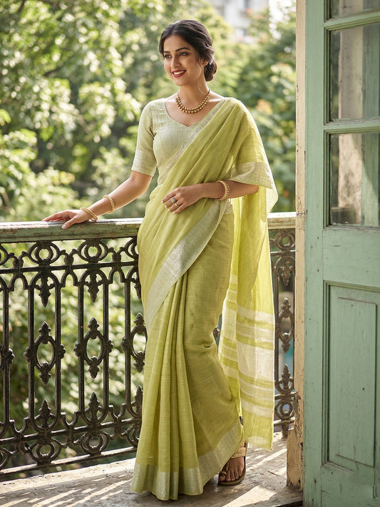 Anaita Green Linen Zari Work Saree With Blouse