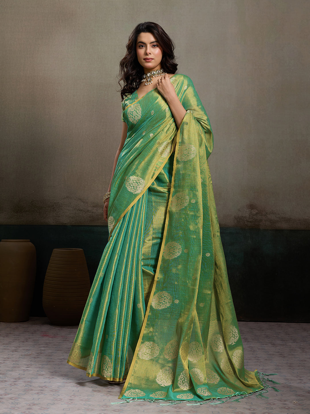 Anaita Green Tissue Silk Woven Saree With Blouse