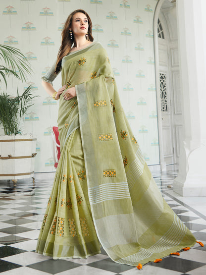 Anaita Green Linen Embroidery Saree With Blouse