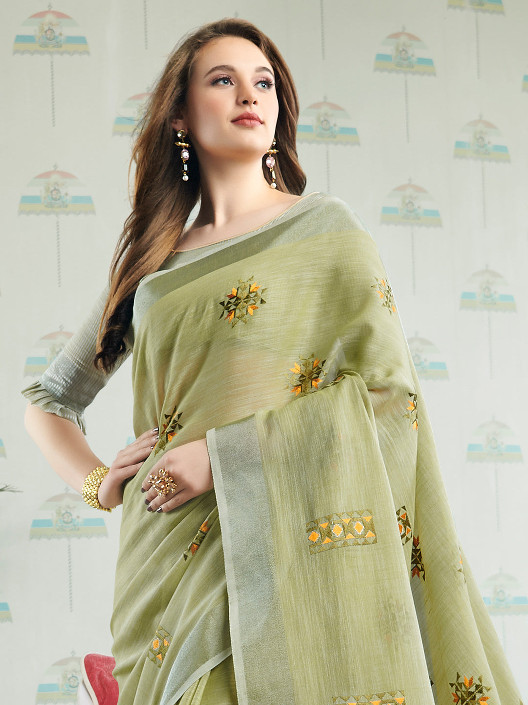 Anaita Green Linen Embroidery Saree With Blouse