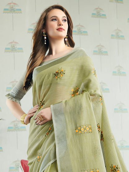 Anaita Green Linen Embroidery Saree With Blouse