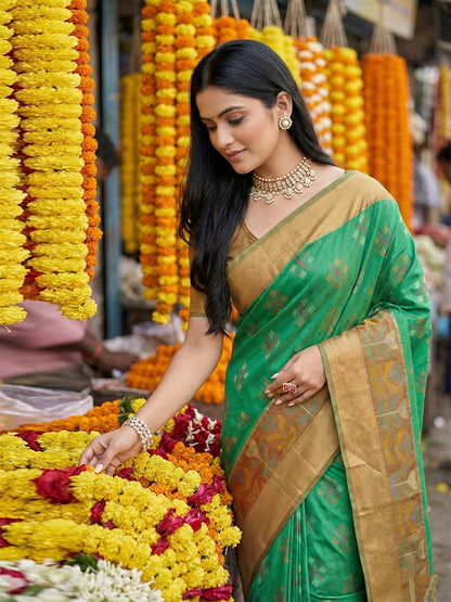 Anaita Green Pochampally Silk Woven Saree With Blouse