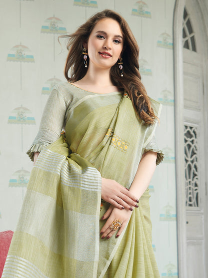 Anaita Green Linen Embroidery Saree With Blouse