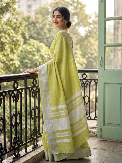 Anaita Green Linen Zari Work Saree With Blouse