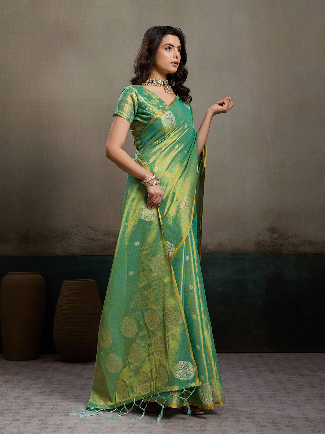 Anaita Green Tissue Silk Woven Saree With Blouse