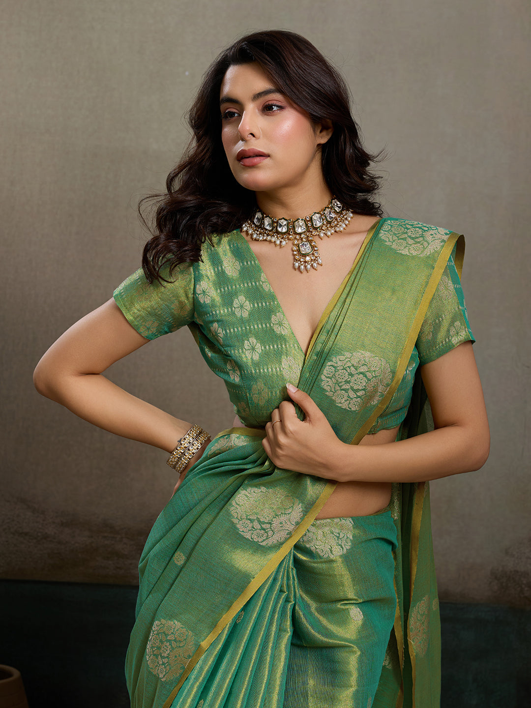 Anaita Green Tissue Silk Woven Saree With Blouse