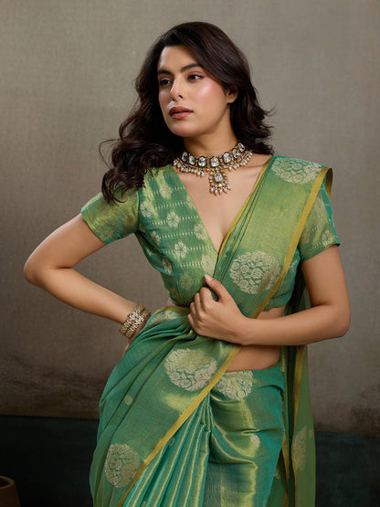 Anaita Green Tissue Silk Woven Saree With Blouse