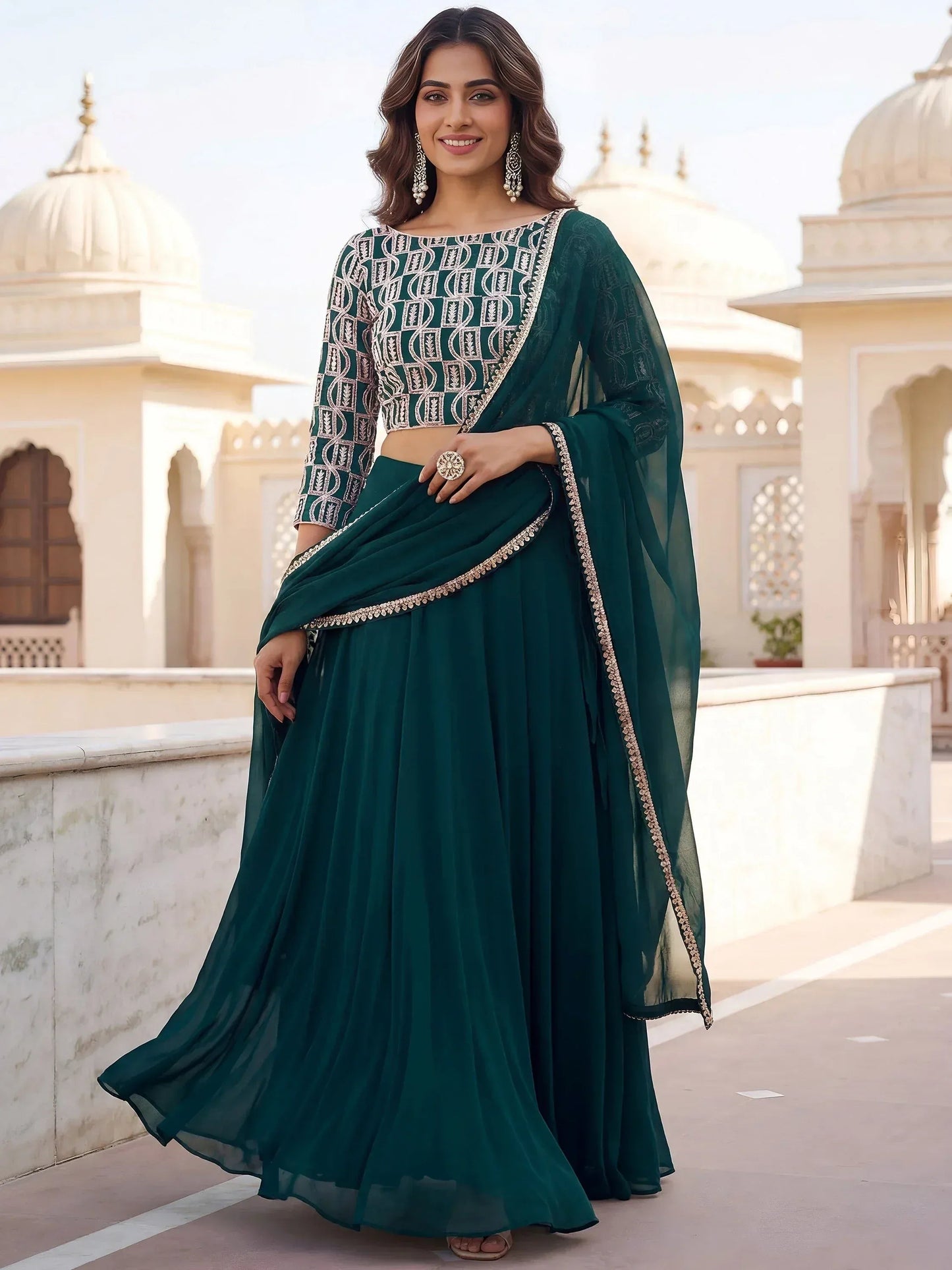 Tulsi Art Incredible Green Embroidered Georgette Wedding Wear Lehenga Choli