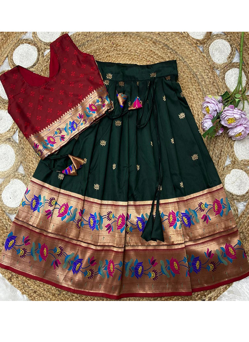 Evanik Green Kids Paithani Silk Lotus Pattern Lehenga Choli