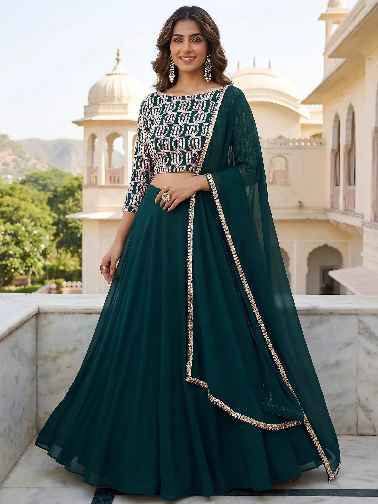 Tulsi Art Incredible Green Embroidered Georgette Wedding Wear Lehenga Choli