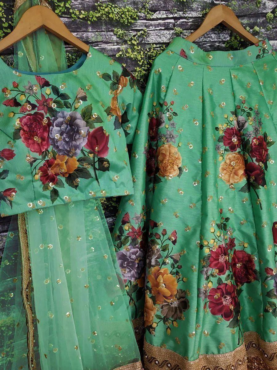 Tulsi Art Green Floral Digital Printed Art Silk Bridal Lehenga Choli