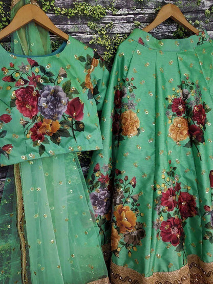 Tulsi Art Green Floral Digital Printed Art Silk Bridal Lehenga Choli
