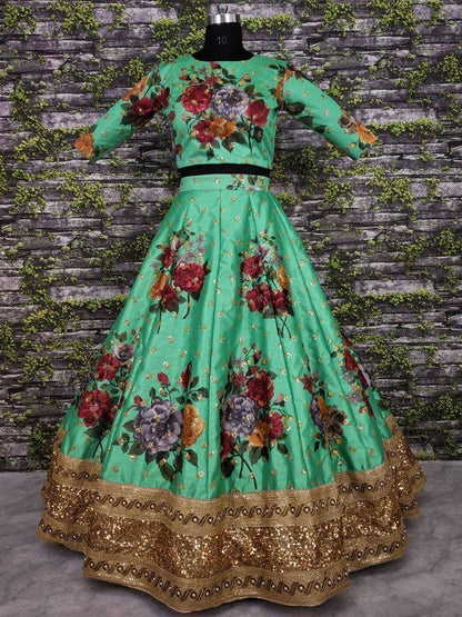 Tulsi Art Green Floral Digital Printed Art Silk Bridal Lehenga Choli