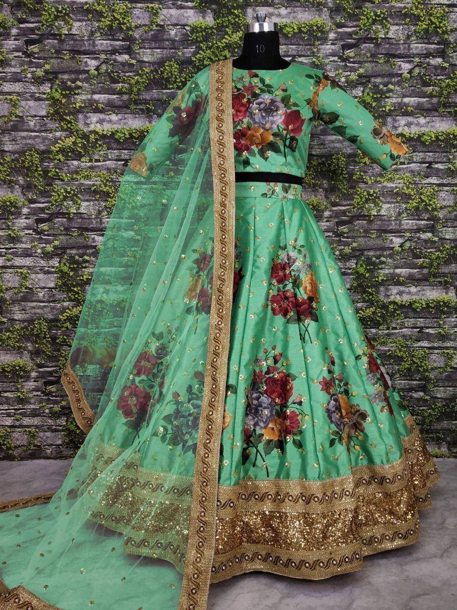 Tulsi Art Green Floral Digital Printed Art Silk Bridal Lehenga Choli
