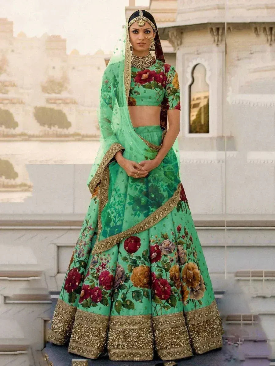 Tulsi Art Green Floral Digital Printed Art Silk Bridal Lehenga Choli