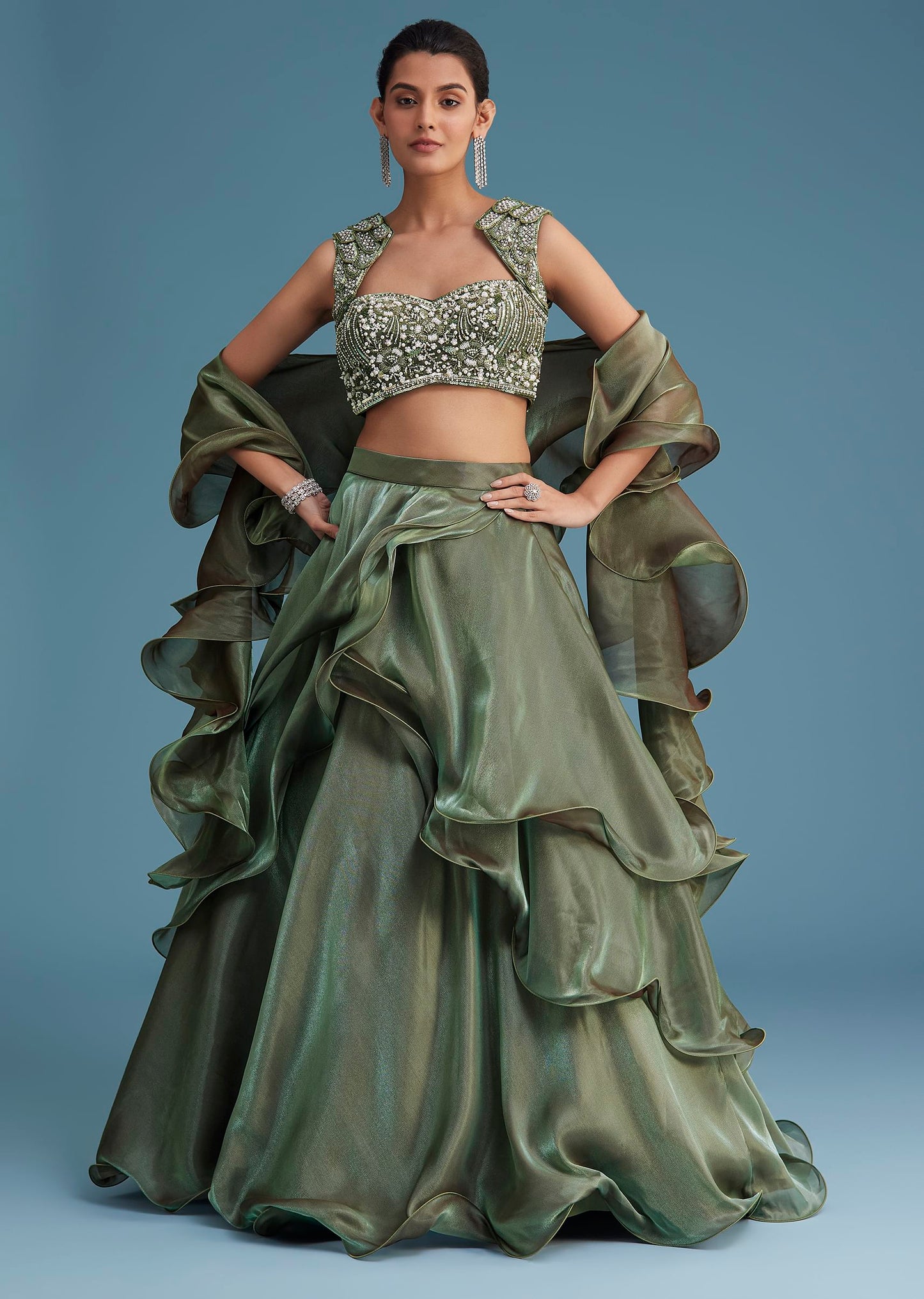 Green Organza Ruffle Lehenga Set With Embellished Blouse