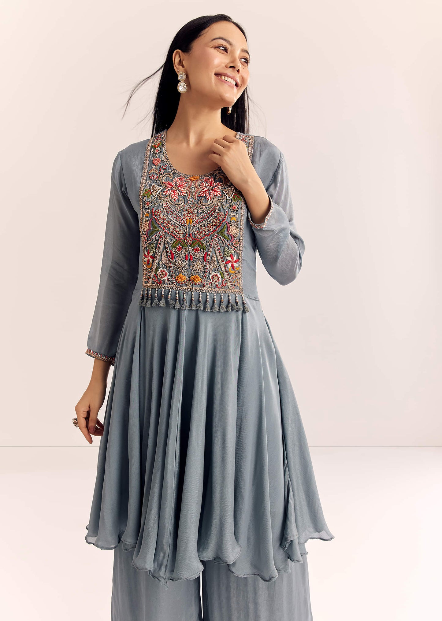 Grey Chinon Zardosi Kurta Palazzo Suit
