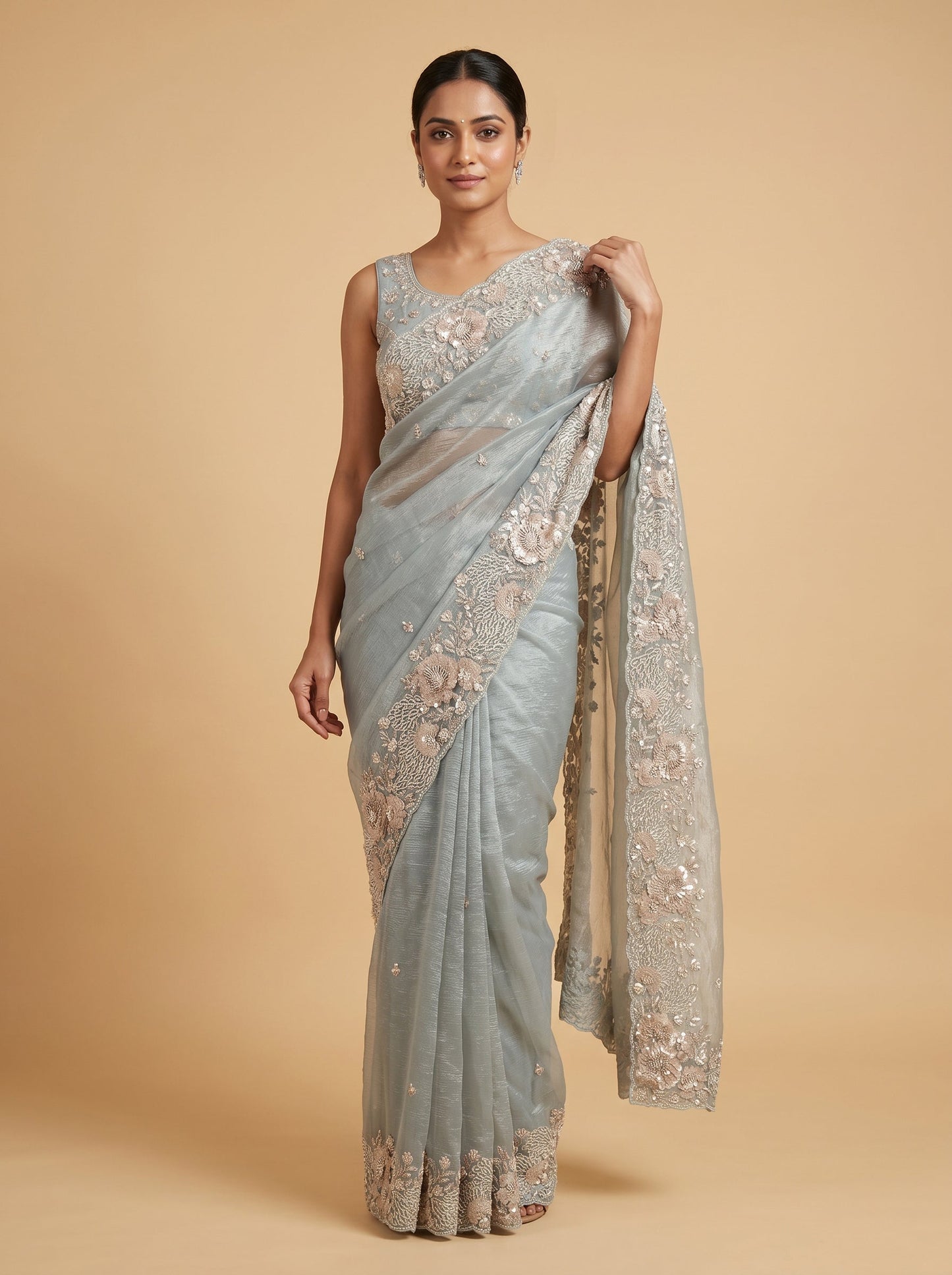 Grey Contemporary Embroidered Saree