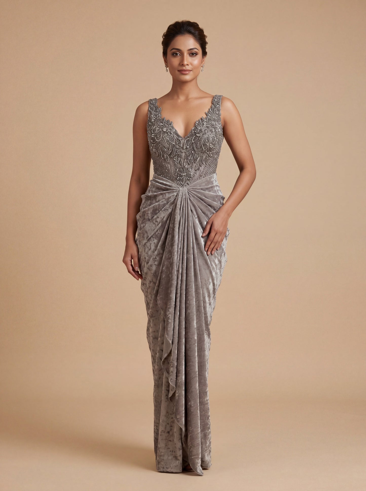 Grey Contemporary Gown With Draped SareeStyle Silhouette