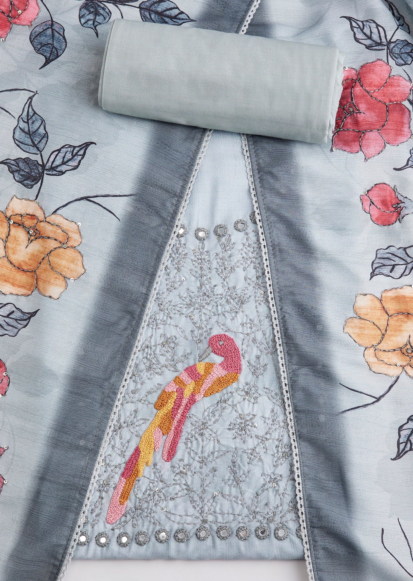 Grey Cotton Abla Work Unstitched Suit Set With Printed Dupatta
