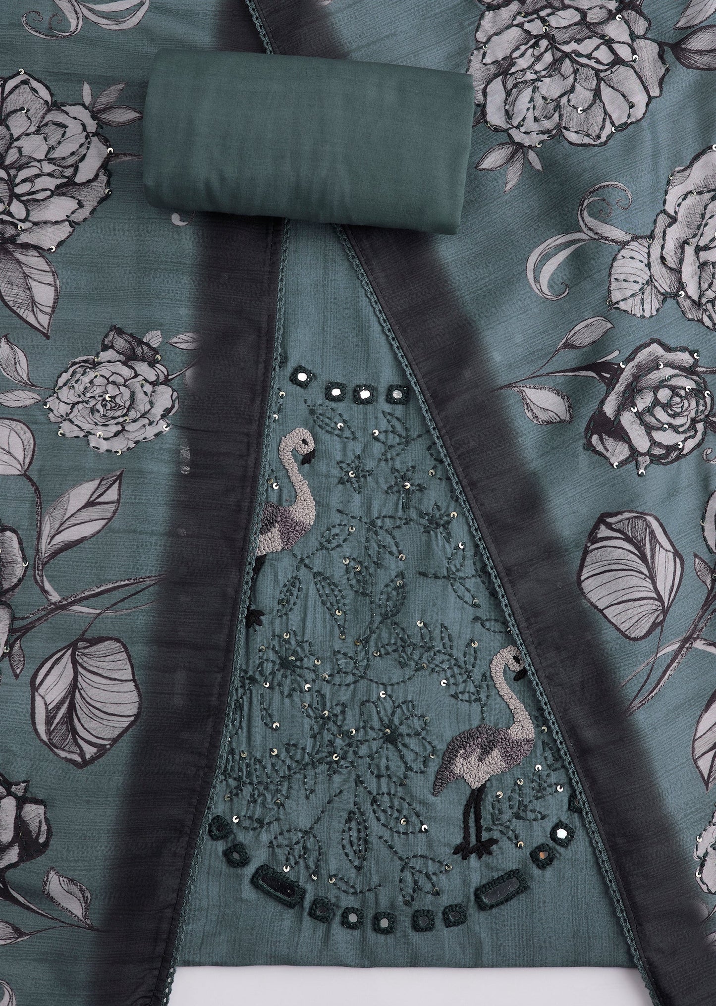 Grey Cotton Abla Work Unstitched Suit Set Printed Dupatta