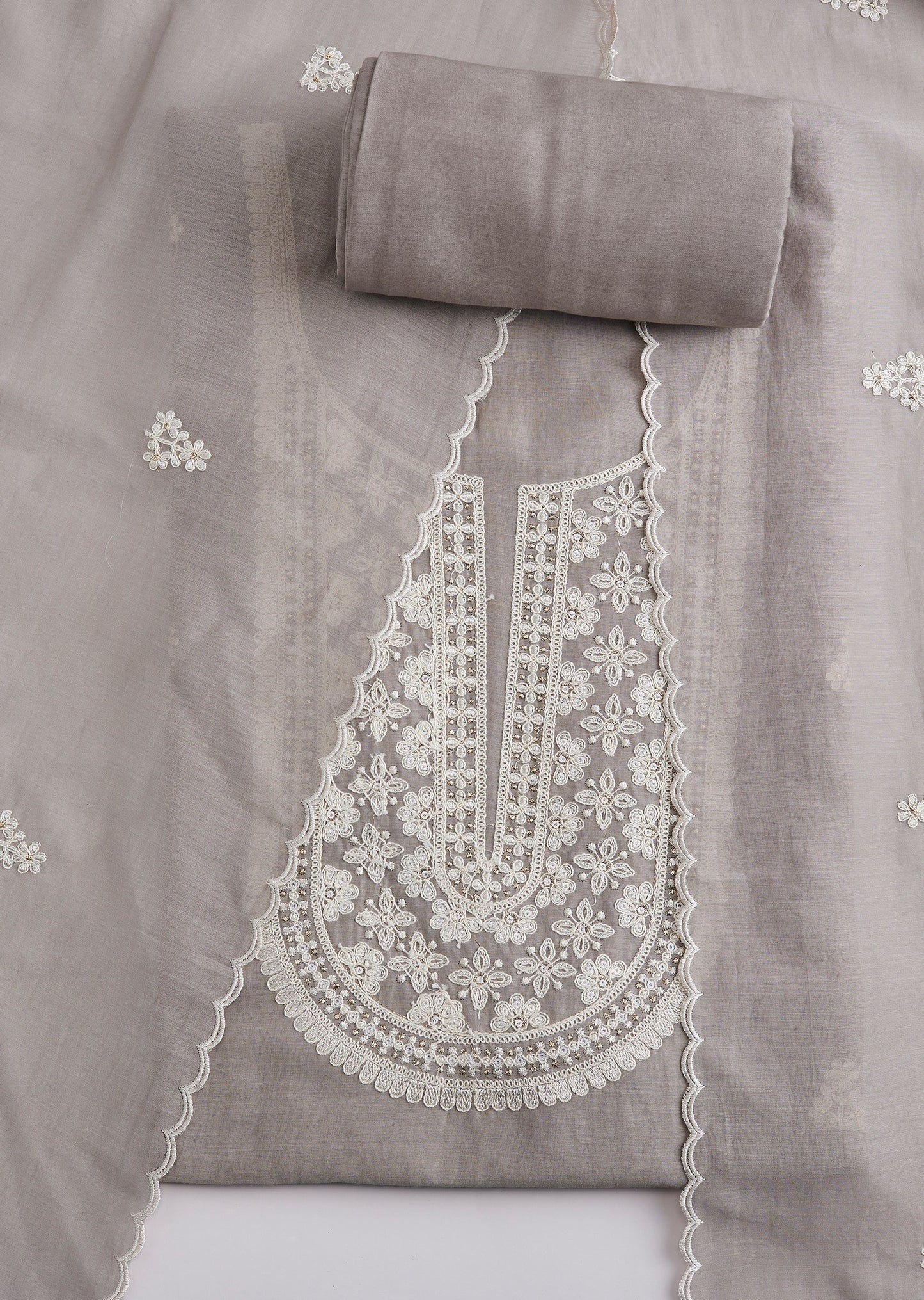 Grey Embroidered Cotton Unstitched Suit Set With Dupatta